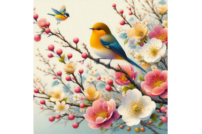 Bundle of acrylic painting of bird and spring flower