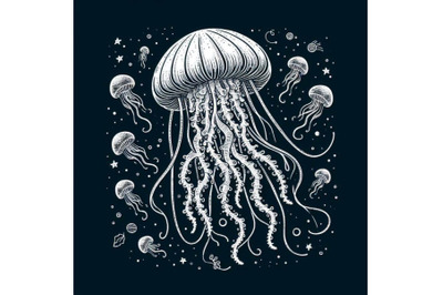 Bundle of Jellyfish line art style. Hand drawn