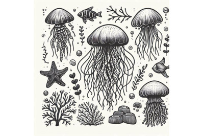 Bundle of Hand drawn vector jellyfish. Sea marine animal collection