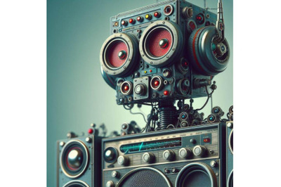 Bundle of robot made of analog stereo equipment, digital art