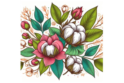 Bundle of colorful line art decoration of cotton flower with leaves