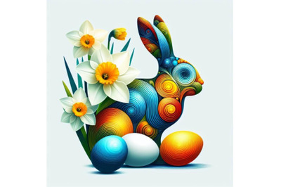 Bundle of Abstract bunny, eggs, blooming narcissus flower