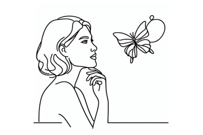 Bundle of One single line drawing woman with butterfly line art vector