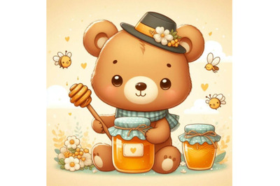 Bundle of cute bear holding honey jar