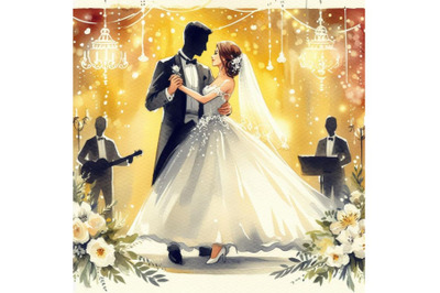 Bundle of cartoon bride and groom first dance wedding