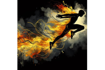 Bundle of Male athlete jumping with abstract flaming trail silhouette