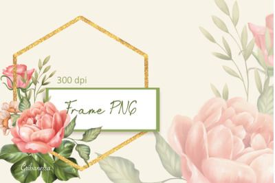 Gold frame PNG |Hexagonal frame with roses