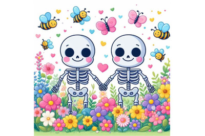 Bundle of couple skulleton with flowers