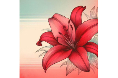 A set of illustraition of a red lily Line Art and Pastel Abstract Back