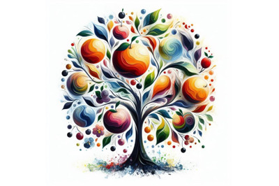 Bundle of tree silhouette with colorful abstract fruit and leaves