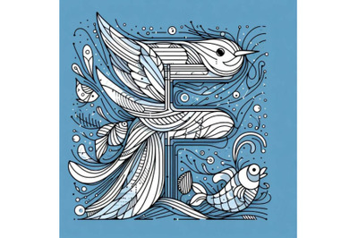 Bundle of bird alphabet F with fish