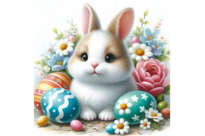 A set of cute Easter bunny with painted egg and flower