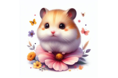 A set of cute hamster with painted flower