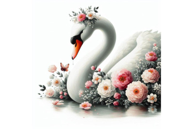 A set of beautiful swan silhouette with flowers, flat