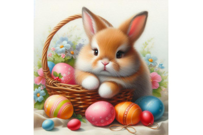 A set of Easter Bunny with Decorated Eggs in Basket