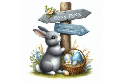 A set of Easter bunny with signpost in gray and blue color isolated