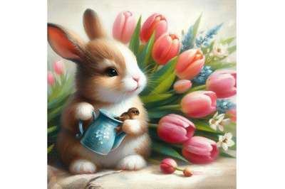 A set of Easter bunny holding tulips isolated