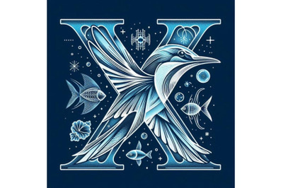 Bundle of bird alphabet X with X-ray fish