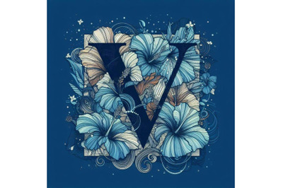 Bundle of Blue hibiscus grunge vintage alphabet V