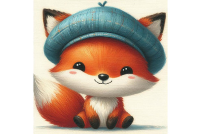 A set of Hand drawn cute little fox in blue hat cartoon style