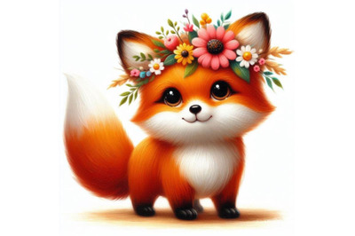 A set of a cute orange fox with flowers on his head. standing