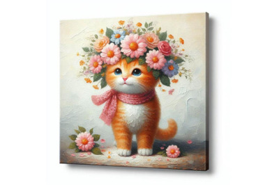 A set of a cute orange cat with flowers on his head. standing