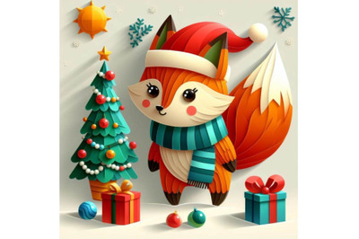 A set of Vector cute christmas paper cut  fox with shadow