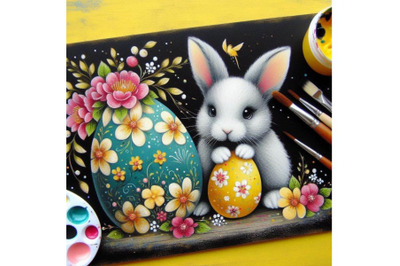 A bundle of bunny with painted egg and flower