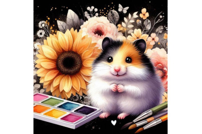 A bundle of Watercolor cute hamster with painted flower