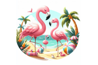 A set of Cartoon Flat Cute Flamingo Birds Summer Art Print