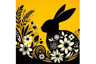 A bundle of Easter bunny silhouette with flowers, flat