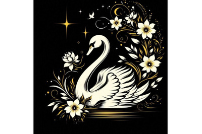 A bundle of beautiful swan silhouette with flowers, flat