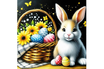 A bundle of Easter Bunny with Decorated Eggs in Basket