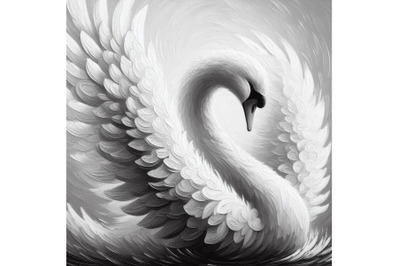 A set of White swan with long plumage, in monochrome graphic design