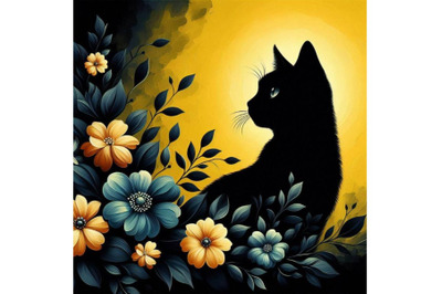 A bundle of beautiful black cat silhouette with flowers, flat