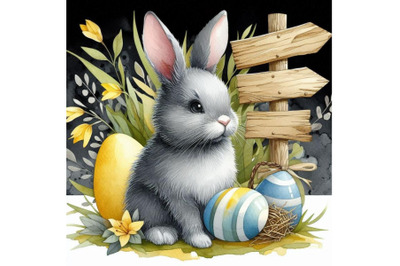 A bundle of Watercolor Easter bunny with signpost in gray and blue col