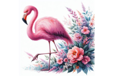 A set of pink flamingo with flowers. digital paint