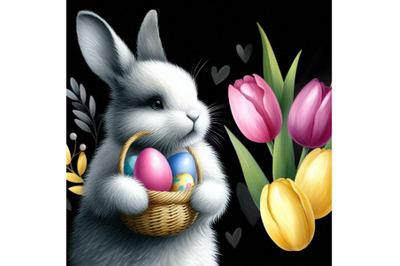 A bundle of Watercolor Easter bunny holding tulips isolated