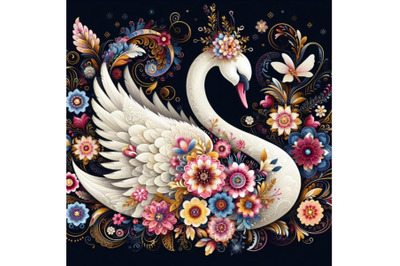 A set of an elegant white swan in vibrant array of flowers