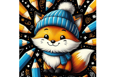 A bundle of Hand drawn cute little fox in blue hat cartoon style