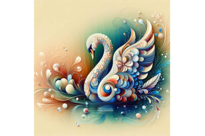 A set of Abstract swan art. Iridescent plumage bird in a pond