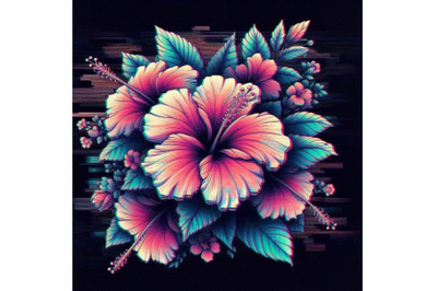 A set of hibiscus in Glitch Art Style on Dark Background