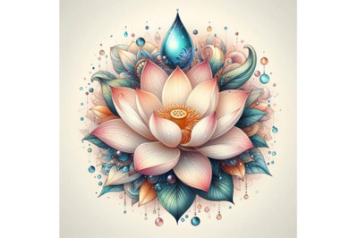 A set of a beautiful lotus flower with waterdrops