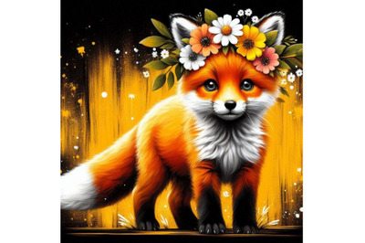 A bundle of a cute orange fox with flowers on his head. standing