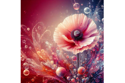 A set of a beautiful poppy flower with waterdrops