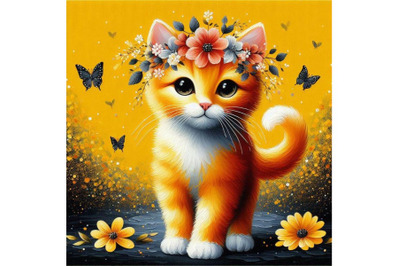 A bundle of a cute orange cat with flowers on his head. standing