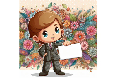 A set of Cartoon kid holding a blank business card