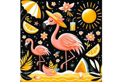 A bundle of Cartoon Flat Cute Flamingo Birds Summer Art Print