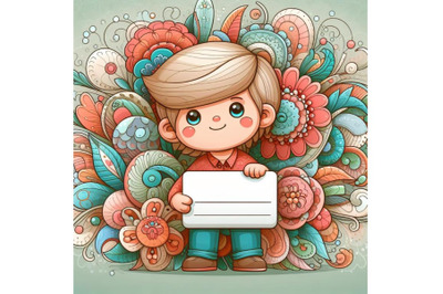 A set of Cartoon kid holding a blank business card