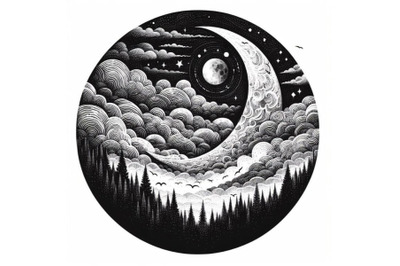 A set of Hand drawn moon black and white